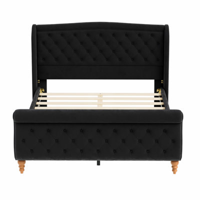 Structure de lit tapissier en velours pour grand lit, cadre de lit plateforme avec tête de lit et pied de lit courbé capitonné, support de lattes en bois, aucun sommier nécessaire, noir