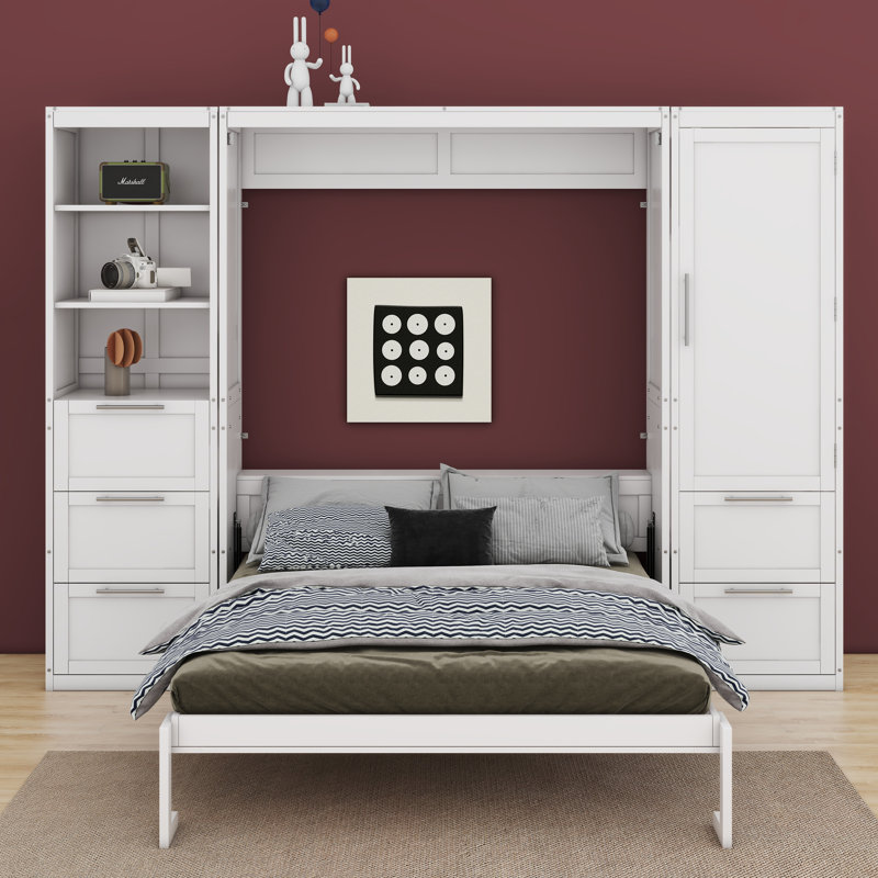 Queen Size Murphy Bed With Drawers And Shelves, White