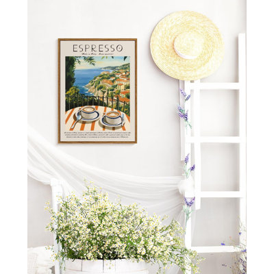 Vintage Tuscany Coffee Landscape Framed Wall Art, 12x16 Mediterranean Italian Cafe Scene Print, Espresso Cups Coastal View Kitchen Coffee Shop Dining Room Office Decor