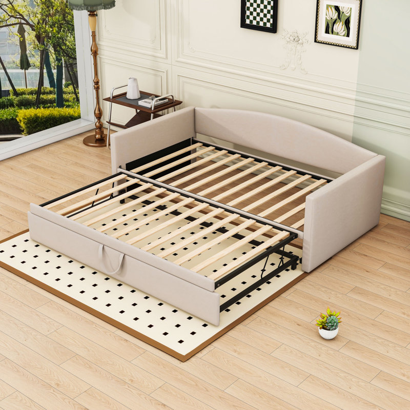 Twin Upholstered Daybed with Pop-Up Trundle, Beige