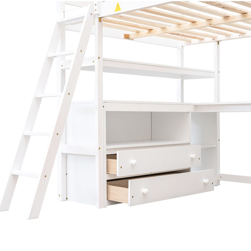 Lit mezzanine double pleine grandeur avec bureau et tablette, Lit double, Blanc