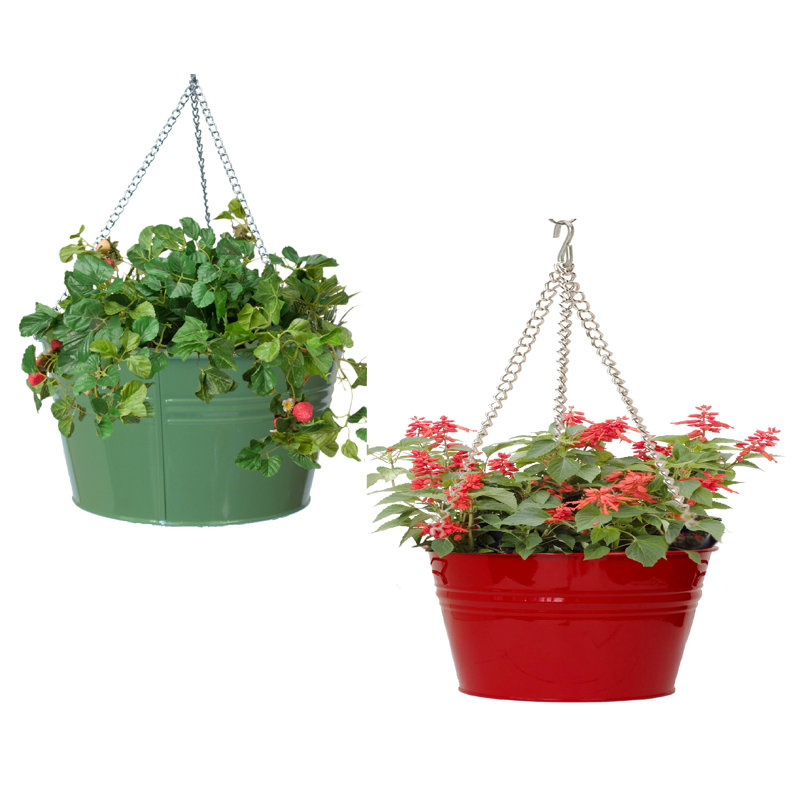 Pot à fleurs suspendu en acier galvanisé émaillé, Vert/rouge