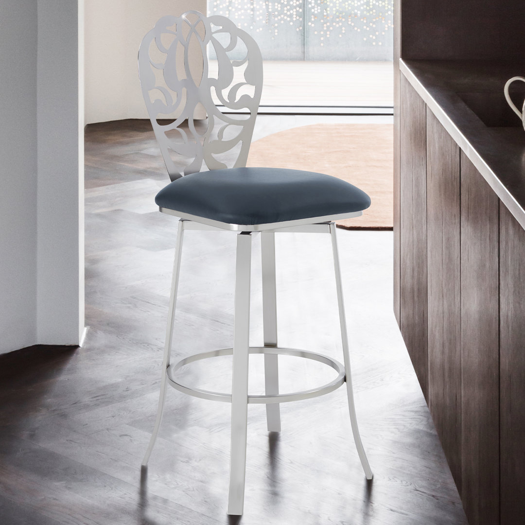 Herdon Contemporary Swivel Counter or Bar Height Bar Stool in Brushed Stainless Steel, Faux Leather Rosdorf Park Upholstery 