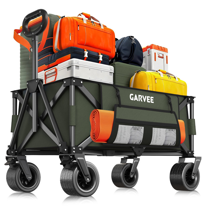Foldable Heavy Duty Utility Wagon, 209KG Capacity Collapsible Cart with 360° All-Terrain Brake Wheels, Adjustable Rebound Handle & Extra Storage for Camping Garden Shopping