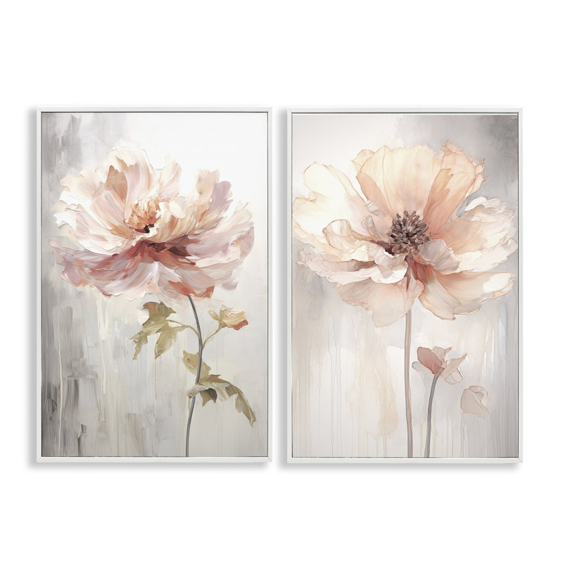  Soft Pink Budding Flowers 2 PC Giclee Art Set by Raymond Powers, 30" H x 20" W, Coastal White Framed Giclee