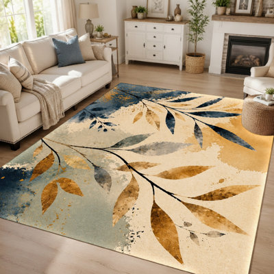 Tapis d'intérieur abstrait à motif botanique (1 pièce) : branches et feuilles à l'aquarelle, effet d'éclaboussures d'encre vibrantes. Lavable et facile d'entretien, ce tapis de sol antidérapant et résistant est idéal pour le salon, la chambre à coucher, la salle à manger et la décoration intérieure.