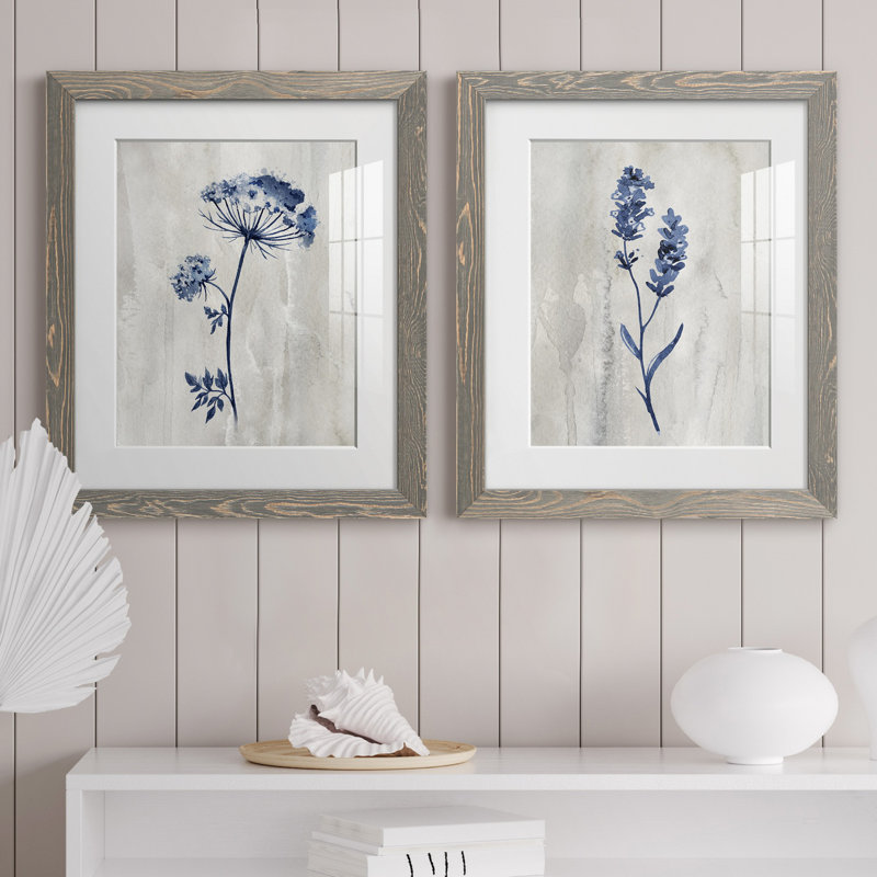 «Indigo Botanical I», ensemble de 2 reproductions d'impressions, Impression encadrée avec passe-partout, H 24 po x l 36 po