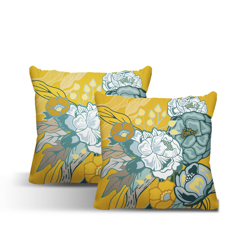 Floral Outdoor Reversible Throw Pillow, 19W" x 19H", Yellow/Green/Brown