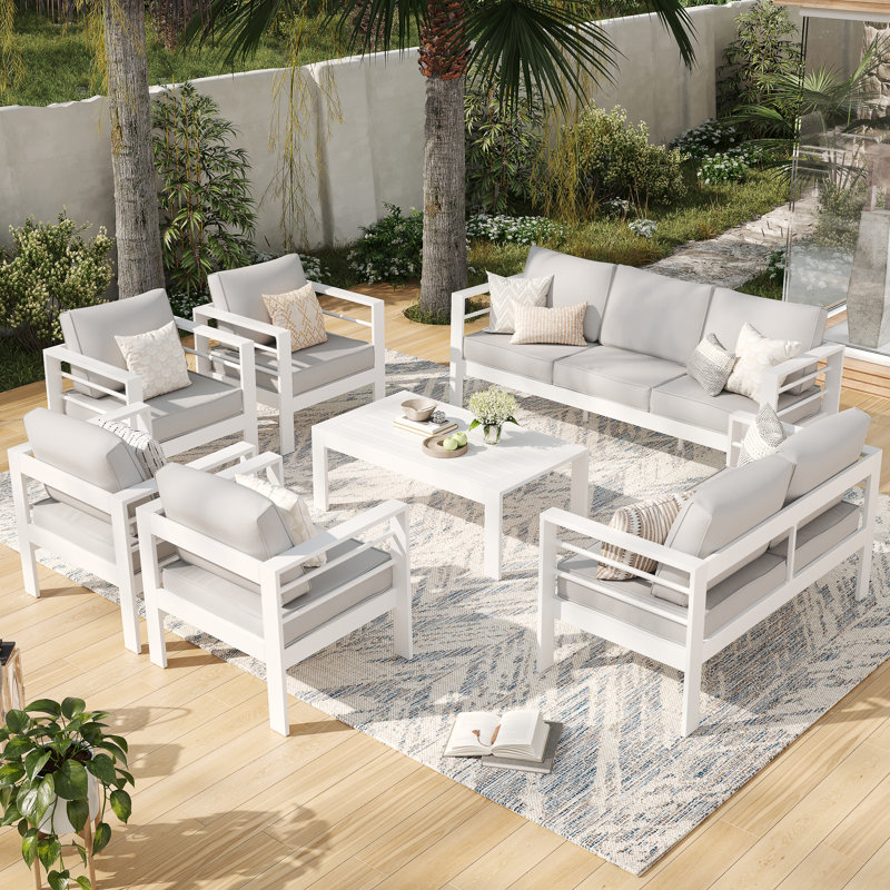 Ensemble de conversation d'extérieur pour 9 personnes avec coussins Tatisha, Blanc, Gris clair