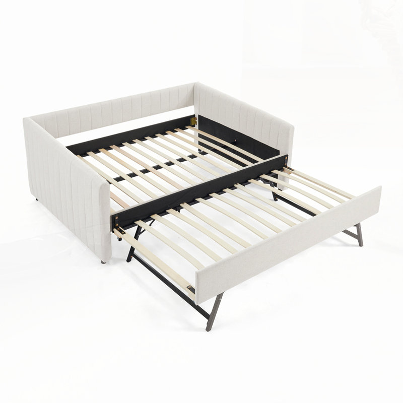 Daybed with trundle - upholstered sofa bed, vertical stripes, linen fabric, Beige, Full