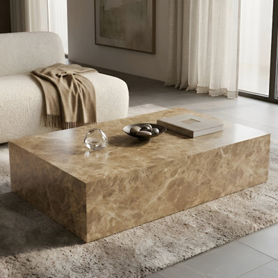 Modern Coffee Table with Faux Marble Design, Rectangular Block Coffee Table For Guest Room/Living Room, No Assembly Required
