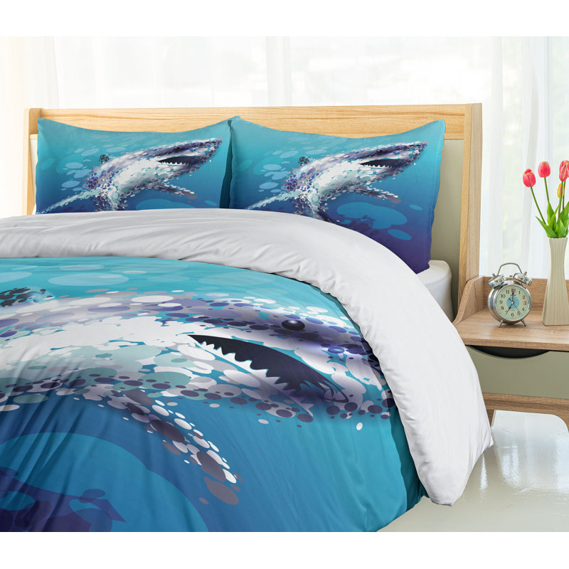 Twin Blue and White Shark Microfiber Duvet Cover Set