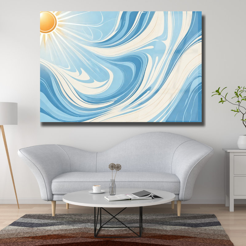 Abstract Blue and White Sun Tempered Glass Wall Art, 30" H x 40" W