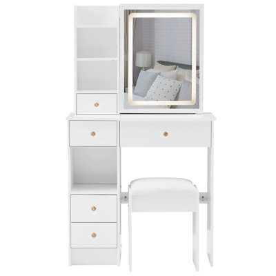 Petit meuble-lavabo de 29,2 po avec tabouret de bureau et tabouret rembourré à gauche 29,5 po, grande commande tactile, interrupteur tricolore, miroir à luminosité réglable, rangement à grande capacité, convient aux petits espaces