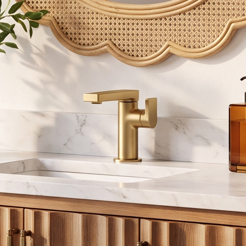 Composed Single-Handle Bathroom Faucet with Drain, Vibrant Brushed Moderne Brass