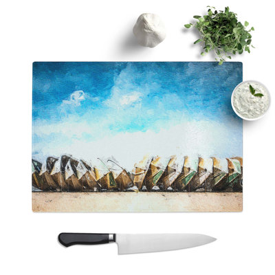 Tempered Glass Stacked Rowing Boats on the Beach Chopping Board