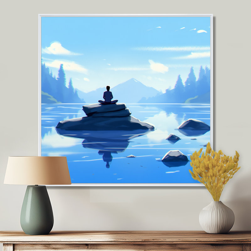 Bouddha, moine, méditation, zen bleu, Toile encadrée flottée blanche, H 36 po x l 36 po x P 1,5 po