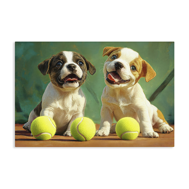 Adorable chiots avec des balles de tennis, toile par Imagine It Images, H 20 po x l 30 po