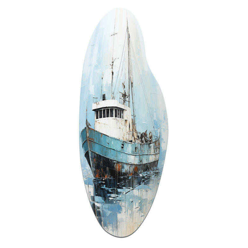 Décoration murale irrégulière en métal bleu et blanc I - Bateau de pêche, H 38 po x l 15 po