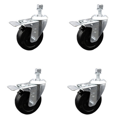 4 Inch SS Soft Rubber Swivel ½ Inch Threaded Stem Caster Set Total Lock Brake