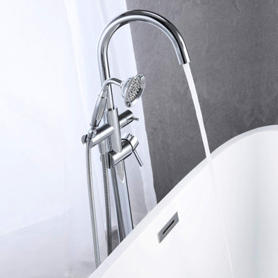 Freestanding Tub Filler With Handheld Shower, Floor Mounted, 6 Gallons Per Minute Flow Rate For Quick Filling Mounted In , Brass Build, Shower An Enhanced Bath Experience