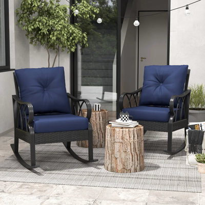 Set Of 2 Outdoor Wicker Rocking Chairs With Cushions, Patio Rattan Rocker Chair Set, All-Weather PE Rattan Porch Rockers With Aluminum Frame, Blue Cushions, 352 Lbs Capacity