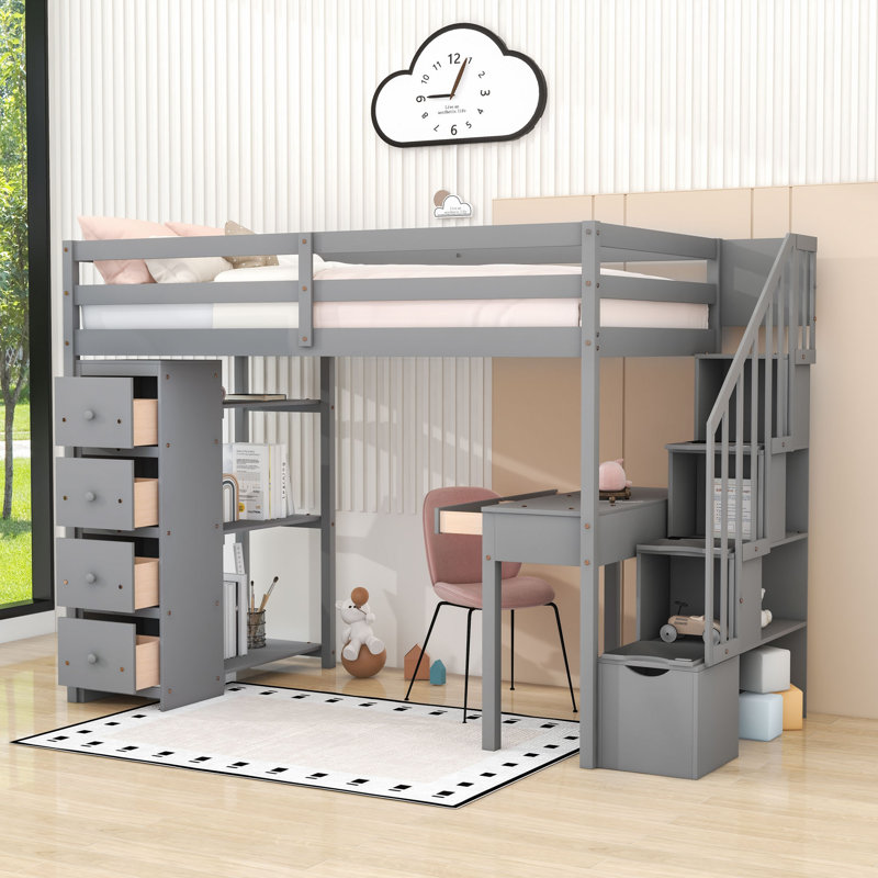 Lit mezzanine simple avec tiroirs de rangement, bureau et escalier, Gris