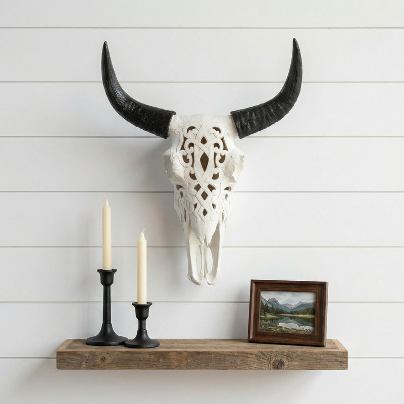 Décoration murale faux crâne de vache tribal, Patine cuivre