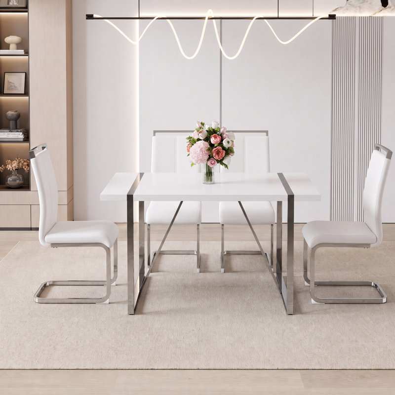 5-Piece Modern Glam Rectangular Dining Set with Faux Leather Chairs for Small Space, 5, White