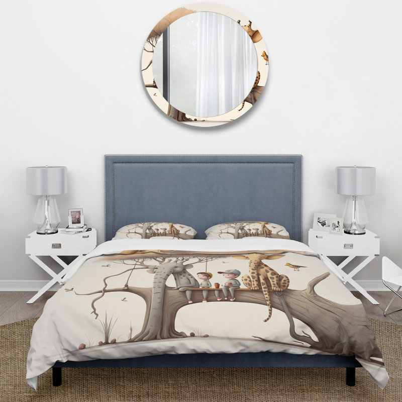 Giraffe And Elephant With Kids - Animals Duvet Cover Set - Microfiber Polyester, King Duvet Cover + 2 King Shams