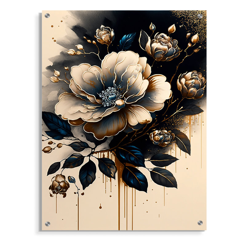 Art mural en acrylique noir et doré Camellia Bouquet II pour le salon, H 40 po x l 30 po