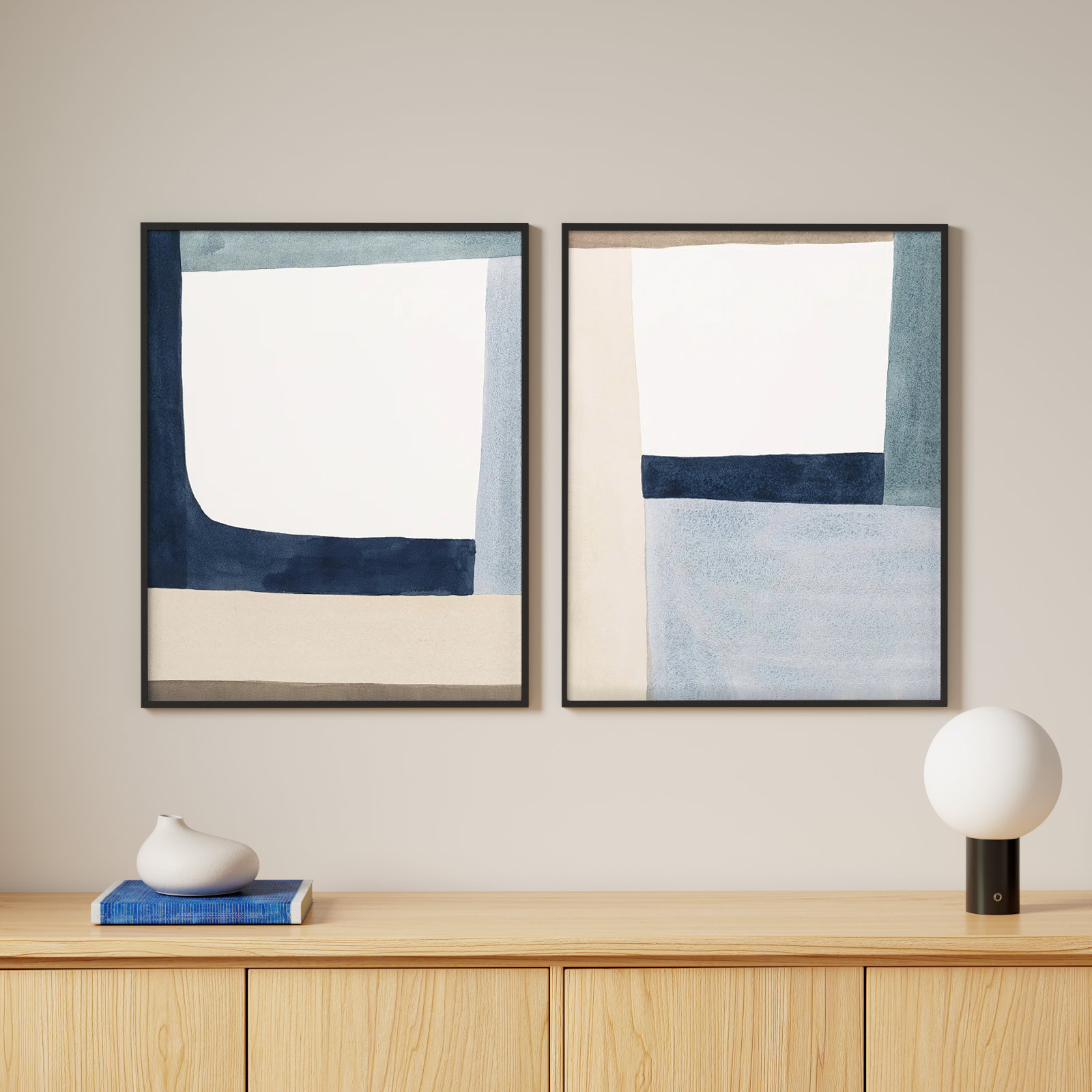 Composition in Blue 2-Piece Print Set, Picture Framed Canvas, 30" H x 48" W, Black