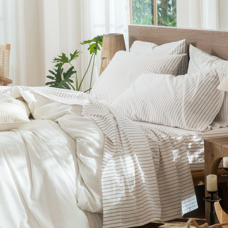 Ensemble de draps 100% coton lavé MooMee, Ensemble de draps pour grand lit avec 2 taies d'or