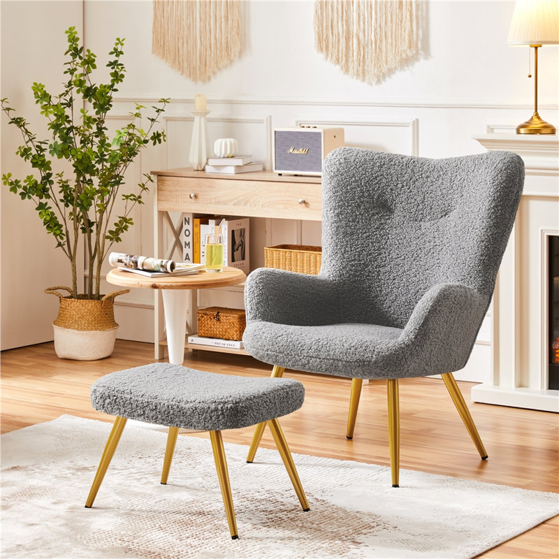 Boucle Accent Chair, Upholstered Armchair with Footstool, Grey