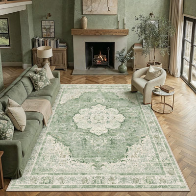 Vintage Distressed Medallion Washable Area Rug With Non-Slip Backing
