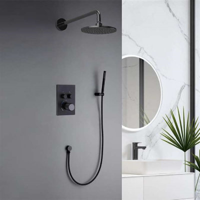 BathSelect Venice Matte Black Wall Mount Round Shower System with Thermostatic Mixer and Handheld Shower