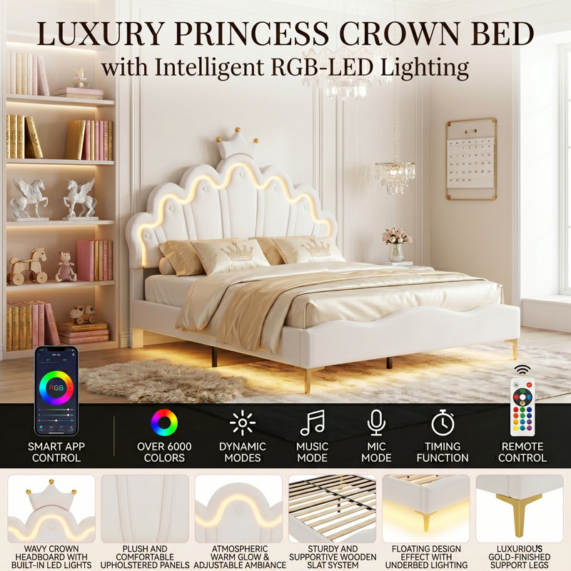 Multi-Sizes Upholstered Princess Bed With Dual-Zone Led, PU Leather Height-Adjustable Headboard, Pink/White (90x190, 90x200, 140x200)