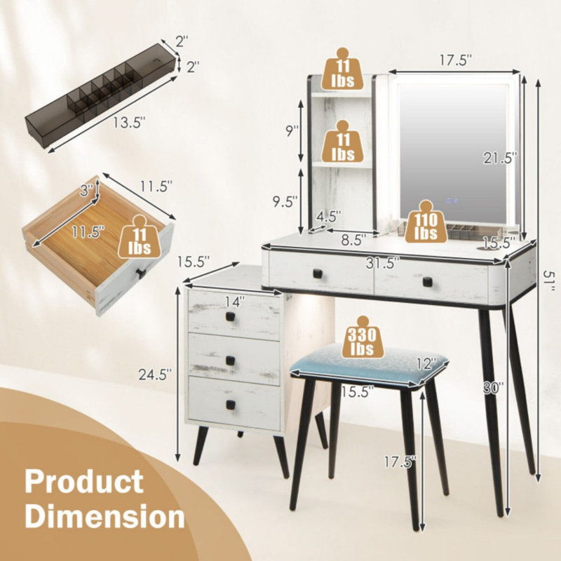 Ensemble de coiffeuse avec miroir lumineux, Blanc / noir
