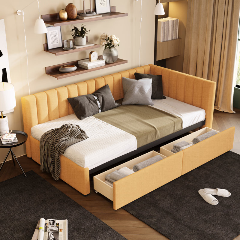Lit de jour rembourré en lin jaune avec 2 boîtes de rangement - cadre de lit, aucun sommier requis pour une chambre pratique
