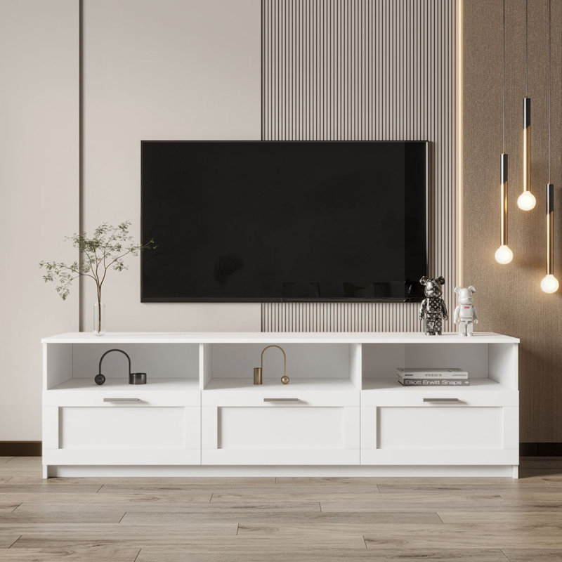 Antoneshia Modern 70.87" TV Stand Media Console with Open Shelves and 3 Drawers, White