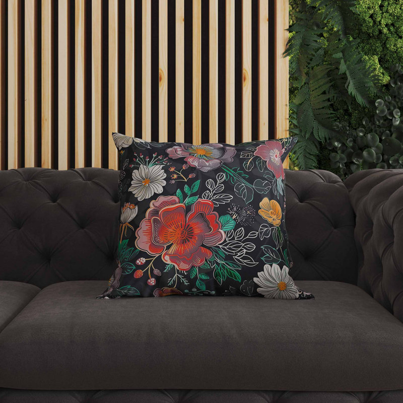 Coussin intérieur / extérieur Starlight Florals, Carré 16 po, Noir / vert / rouge / gris