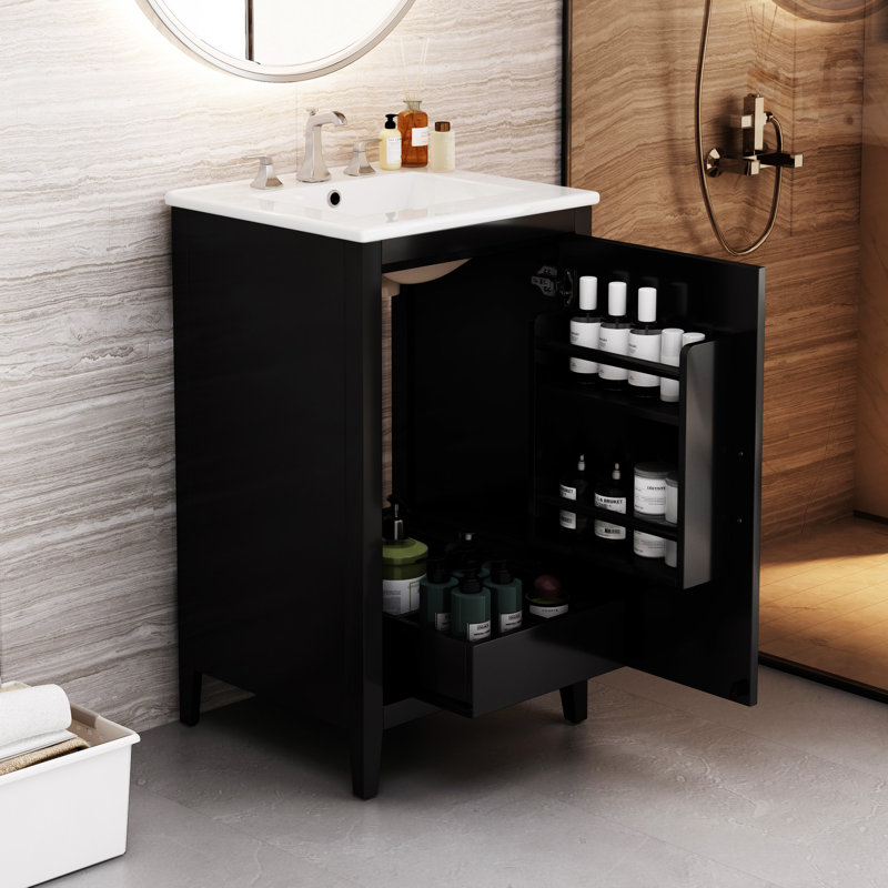 Meuble-lavabo de 20,3 po avec lavabo en céramique avec tiroir, porte et armoire de rangement, Noir, noir, noir, noir