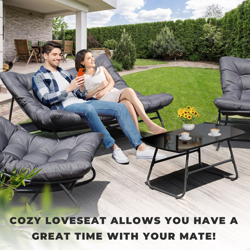 Outdoor Metal Loveseat Sofa with Tempered Glass Coffee Table and Cushion