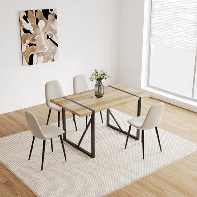 Ensemble de salle à manger Mid-Century en bois aggloméré 5 pièces avec chaises en lin, base en métal moderne et conception ergonomique pour une salle à manger confortable