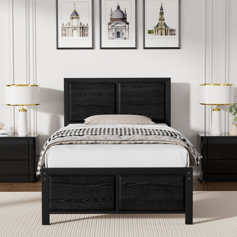 Kempst Twin Size Black Metal Bed Frame with Wooden Headboard & Footboard, Rustic Farmhouse Platform Bed with Heavy Duty Steel Slats Support, No Box Spring Needed