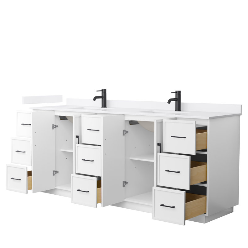 Elan TK 84" Freestanding Double Bathroom Vanity with Cultured Marble Top, White Cultured Marble, White, Matte Black