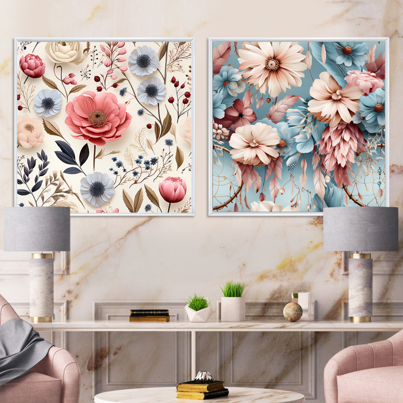 Arda - Ensemble de 2 collages carrés floraux, H 16 po x l 33 po, Cadre flottant blanc