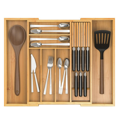 Bamboo Kitchen Drawer Organizer, Expandable Silverware Organizer With Removable Knife Block, 6-8 Slots-2.36" Deep For Extra Capacity, Natural