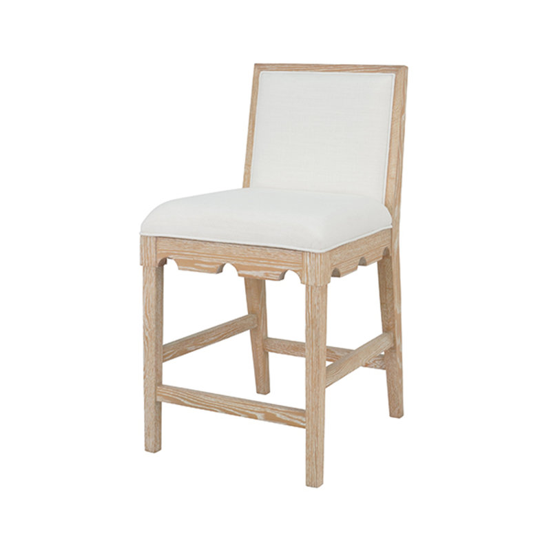 Square Back Counter Stool with Decorative Apron with Performance White Linen Upholstery, Natural