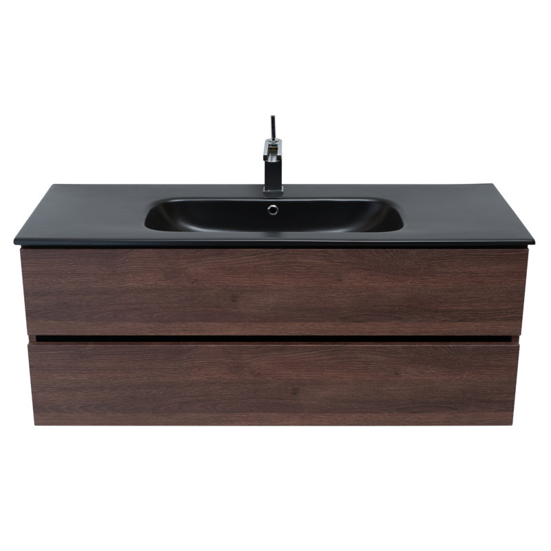 Ensemble de meuble-lavabo mural simple 48 po avec plateau en céramique Veneto, Chêne foncé, Noir